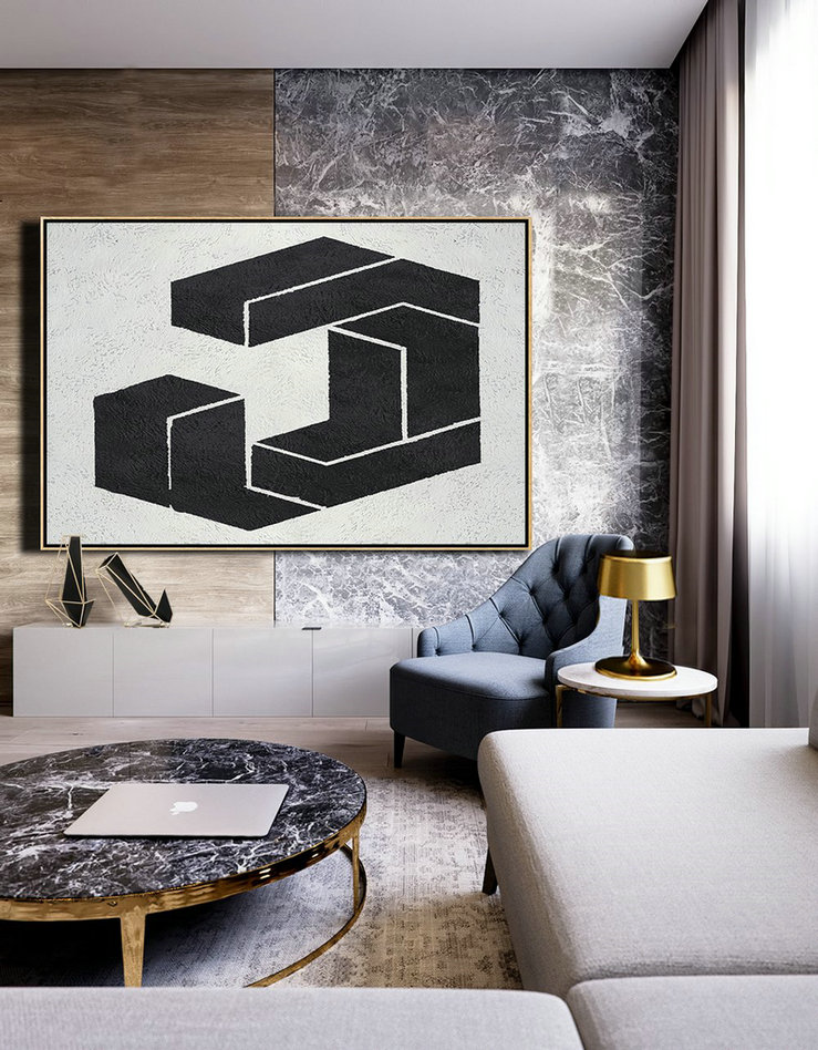 Huge Canvas Art On Canvas,Oversized Horizontal Minimal Art On Canvas, Black And White Geometric Minimalist Painting - Giant Canvas Wall Art